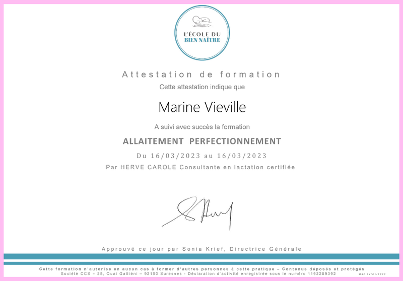 attestation formation allaitement perfectionnement marine vieville