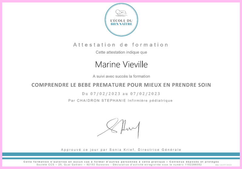 attestation formation comprendre le bebe premature marine vieville