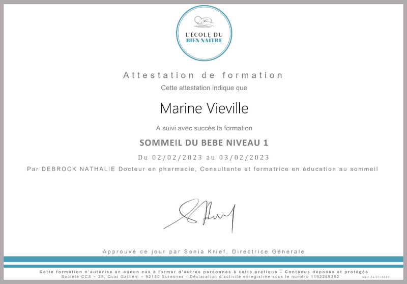 attestation formation sommeil du bebe niveau 1