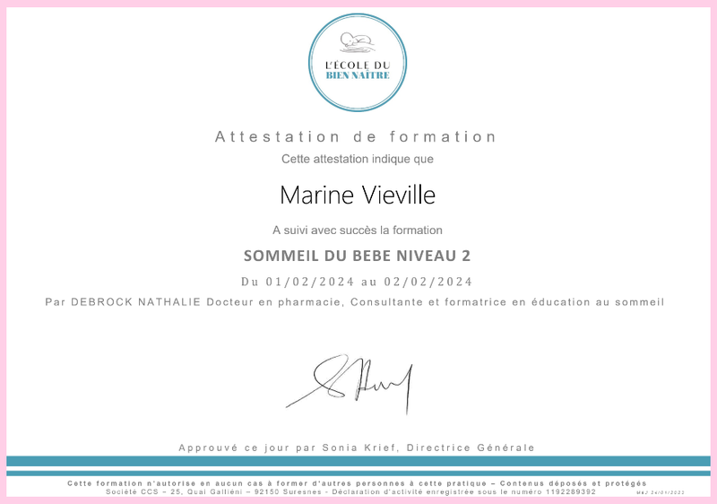 attestation formation sommeil du bebe niveau 2