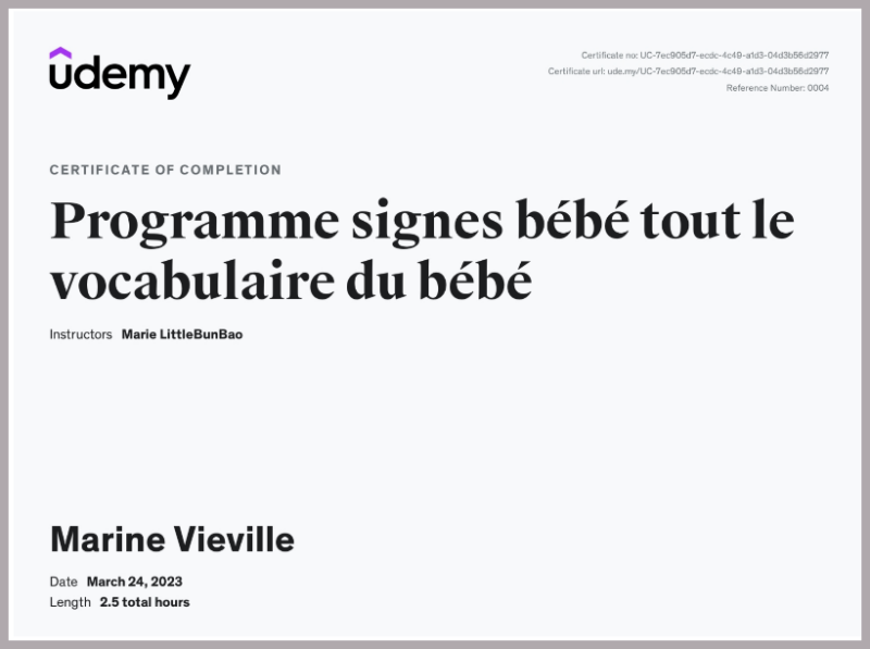 certificat reussite programme signes bebe